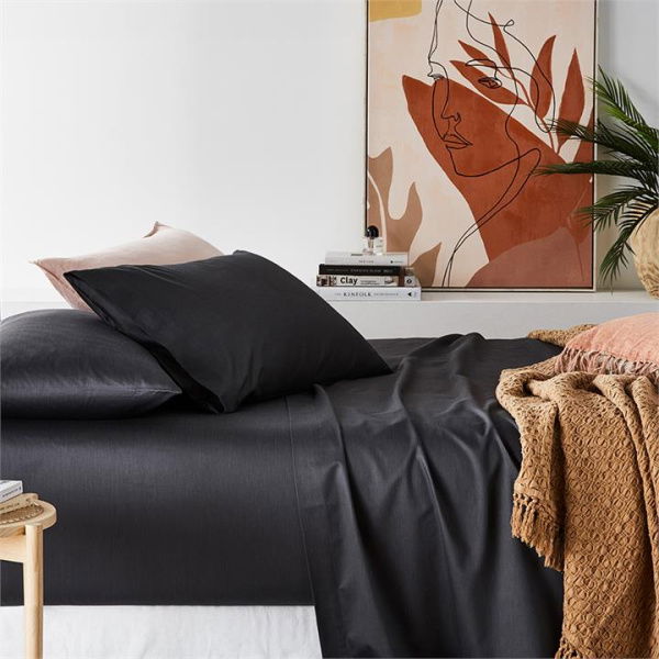 Adairs 600TC Bamboo Cotton Charcoal Fitted Sheet - Black (Black King Single Fitted Sheet)