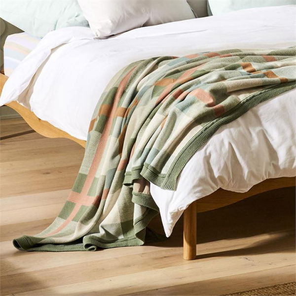 Adairs Green Blanket Amari Green and Blue Check Knit Blanket