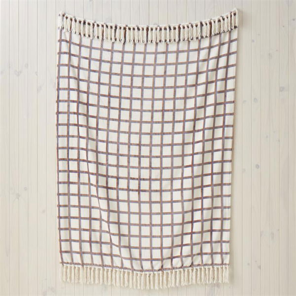 Adairs Brown Throw Aspen Blue & Brown Grid Fleece Tassel Print