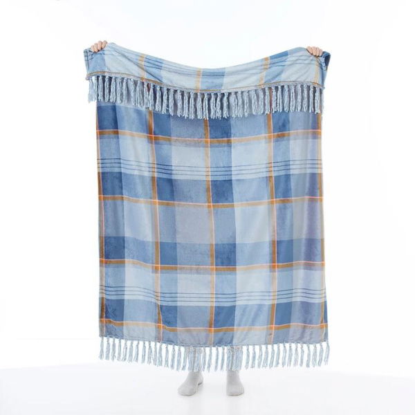 Adairs Aspen Blue Check Fleece Tassel Print Throw (Blue Throw)