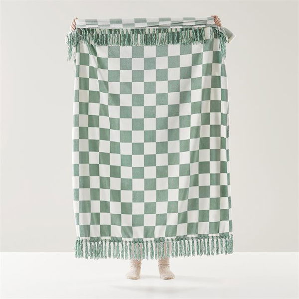 Adairs Aspen Fleece Sage & Natural Check Tassel Throw - Green (Green Throw)