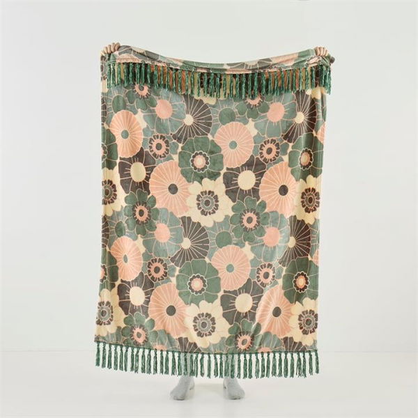 Adairs Aspen Green Keira Floral Fleece Tassel Throw (Green Throw)