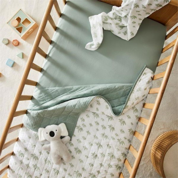 Adairs Green Cot Baby Stonewashed Cotton Aqua Foam Palm Printed Fitted Sheet Pack of 2 Green