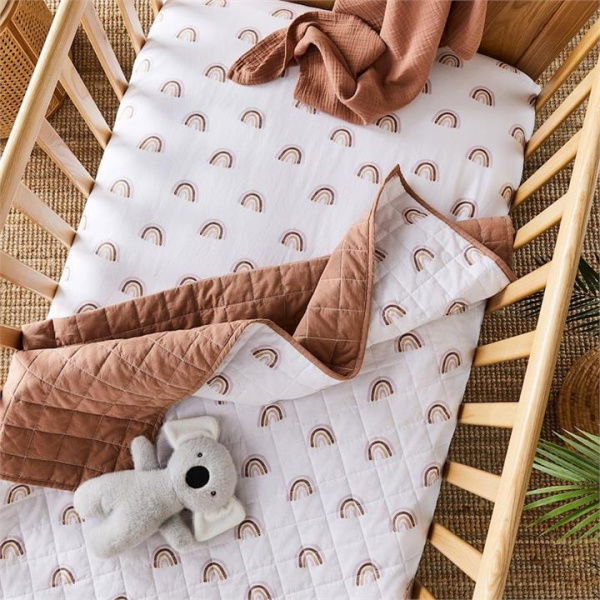 Adairs Brown Bassinet Baby Stonewashed Cotton Printed Baby Sheets Bassinet Earth Rainbow Fitted Sheet 2pk