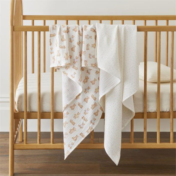 Adairs Natural Baby Teddy Time Cotton Muslin Swaddles 2pk