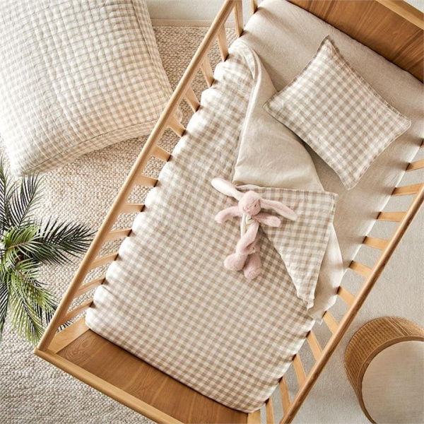 Adairs Natural Cot Baby Vintage Washed Linen Check Cot Quilt Cover Set