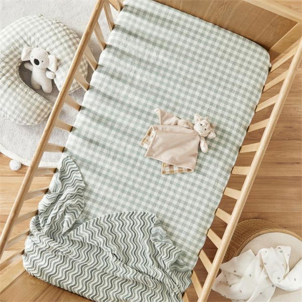 Adairs Green Cot Baby Vintage Washed Linen Eucalyptus Check Fitted Sheet