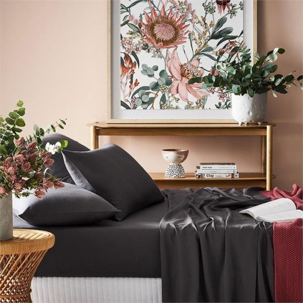 Adairs Bamboo Linen Bedlinen Coal Fitted Sheet - Black (Black Super King Fitted Sheet)