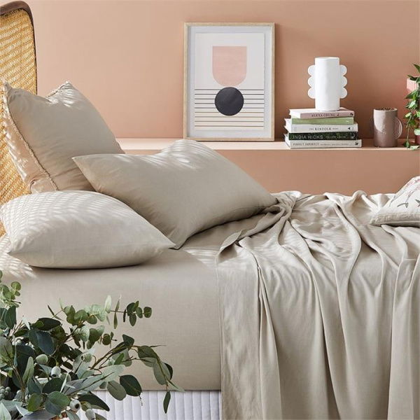 Adairs Natural Double Fitted Sheet Bamboo Linen Bedlinen Double Natural Fitted Sheet