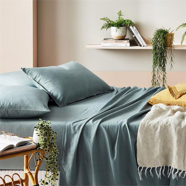 Adairs Sage Blue Bamboo Linen Bedlinen Double Fitted Sheet