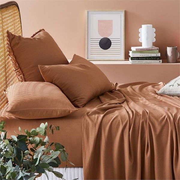 Adairs Earth Brown Bamboo Linen Bedlinen Double Fitted Sheet