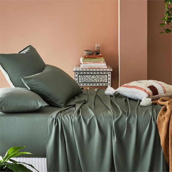 Adairs Bamboo Linen Bedlinen W21 Double Cypress Fitted - Green (Green Double)