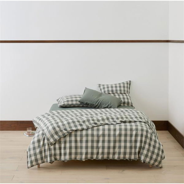 Adairs Green Bamboo Linen Cypress Check King Quilt Cover