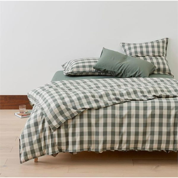 Adairs Bamboo Linen Cypress Check Quilt Cover - Green (Green Single)