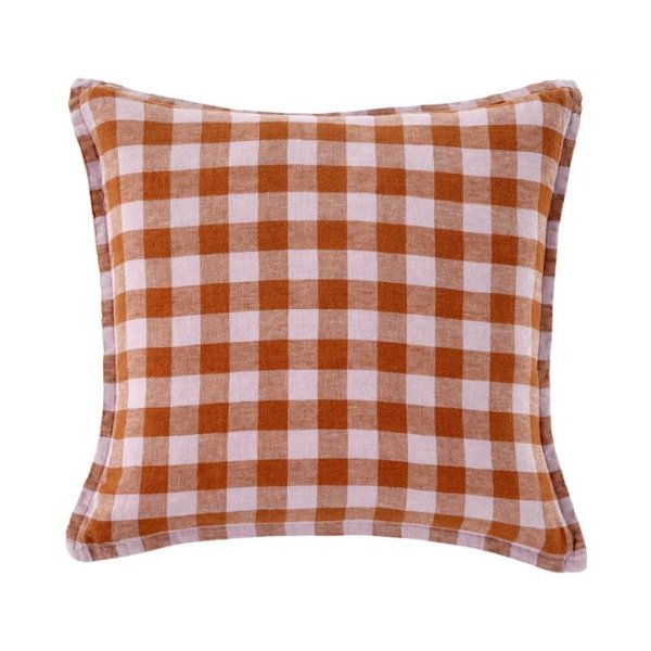 Adairs Lilac & Ginger Check Belgian Vintage Washed Linen Brown Cushion