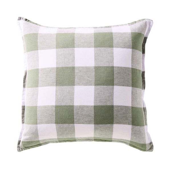 Adairs Green Belgian Forest & Linen Large Check Vintage Washed Linen Cushion