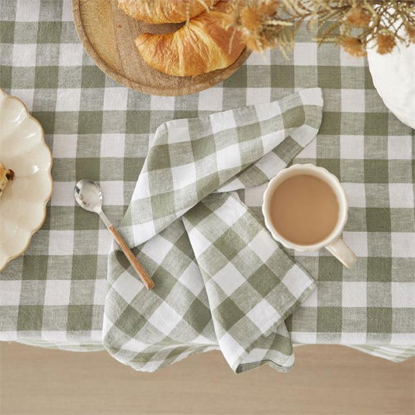 Adairs Belgian Forest & White Check Vintage Washed Linen Napkin Pack of 2 - Green (Green Pack of 2)