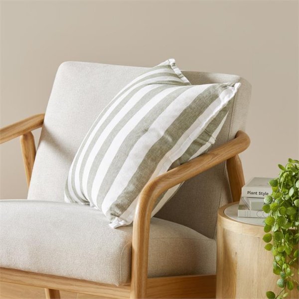 Adairs Belgian Forest Stripe Vintage Washed Linen Cushion - Green (Green Cushion)
