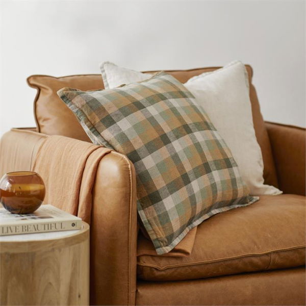 Adairs Multi Greens Belgian Check Vintage Washed Linen Cushion