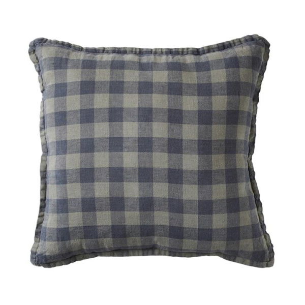 Adairs Belgian Gum Leaf & Deep Teal Check Vintage Washed Linen Cushion - Blue (Blue Cushion)