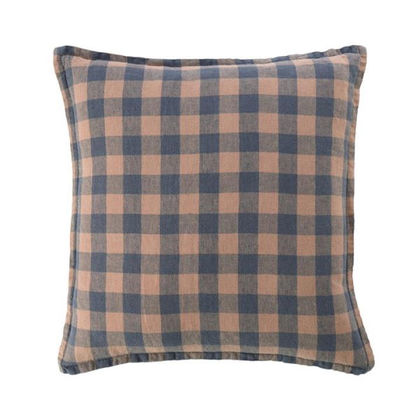 Adairs Belgian Hazelnut & Slate Check Vintage Washed Linen Cushion - Blue (Blue Cushion)