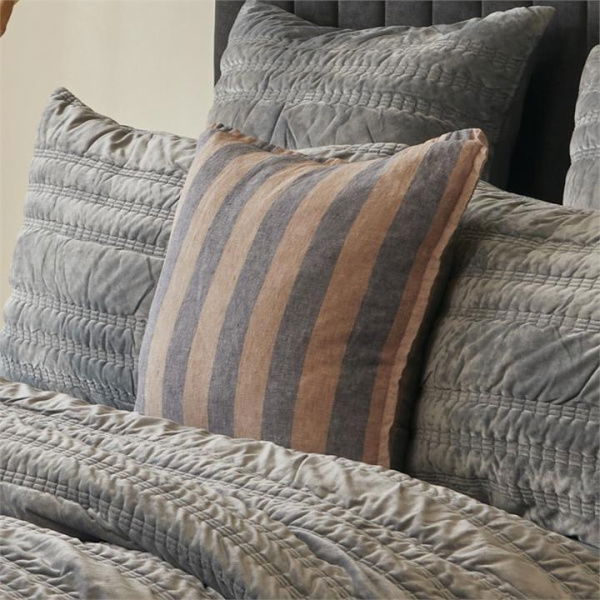 Adairs Belgian Hazelnut & Slate Stripe Vintage Washed Linen Cushion - Natural (Natural Cushion)