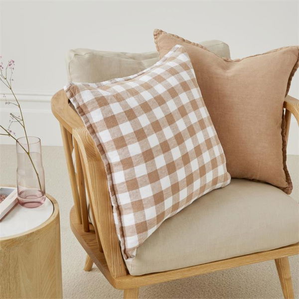 Adairs Brown Cushion Belgian Hazelnut & White Check Vintage Washed Linen Cushion Brown