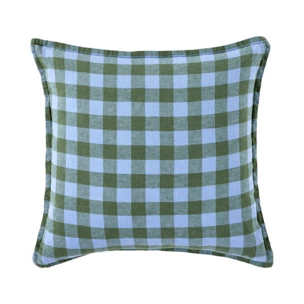 Adairs Green Cushion Belgian Pacific Blue & Garden Grove Check Vintage Washed Linen