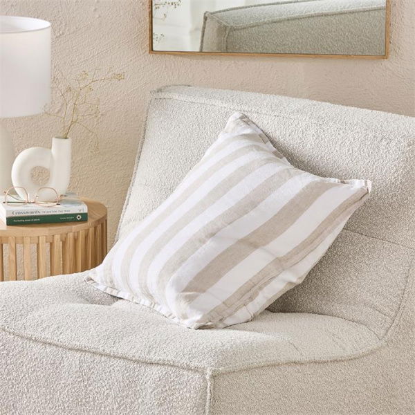 Adairs Natural Cushion Belgian White & Linen Stripe Vintage Washed Linen Cushion Natural