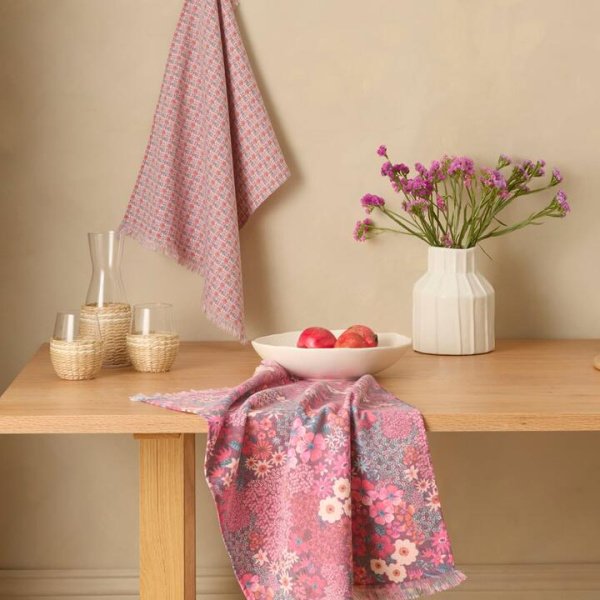 Adairs Berry Floral Tea Towel Pack of 2 - Pink (Pink Pack of 2)