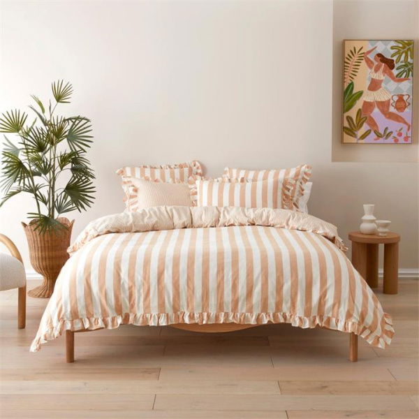 Adairs Biscuit Stripe Ruffle Quilt Cover Set - Natural (Natural Double)