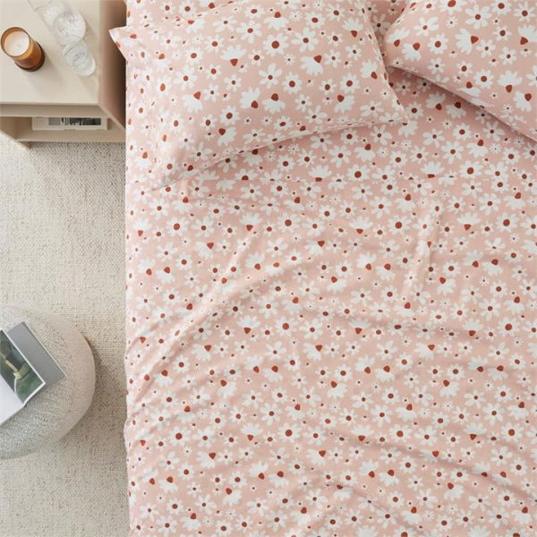 Adairs Blush Daisy Printed Percale Sheet Set - Pink (Pink Double)