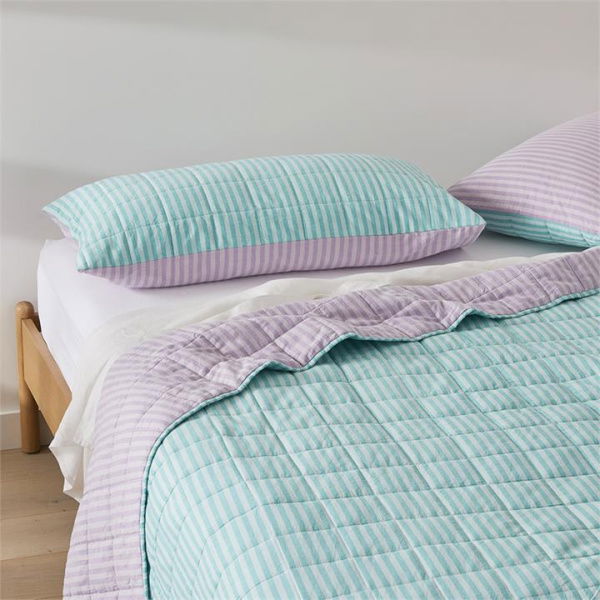 Adairs Green Single/Double Carrie Aquamarine Stripe Quilted Coverlet Separates