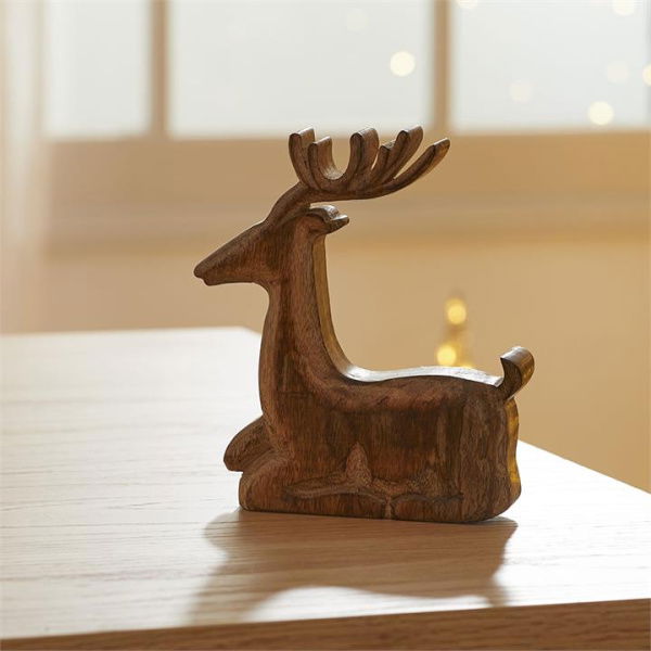 Adairs Natural Carved Sitting Timber Reindeer Decor