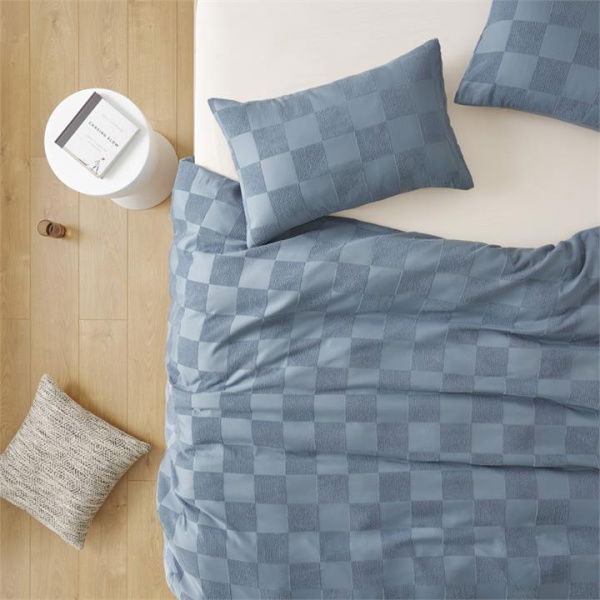 Adairs Blue Queen Checkerboard Denim Quilt Cover Set Blue