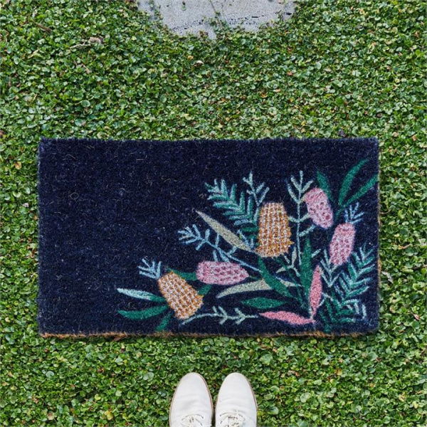 Adairs Blue Door Mat Coir Doormat Native Floral Regular 45x75cm Blue