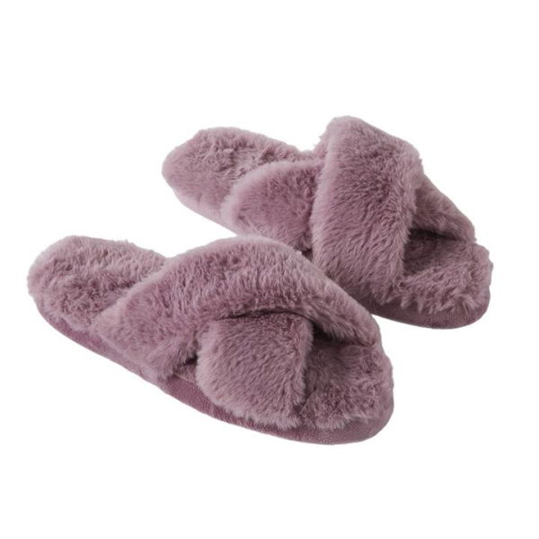 Adairs Crossover Soft Aubergine Fur Slippers - Purple (Purple MED/LRG)