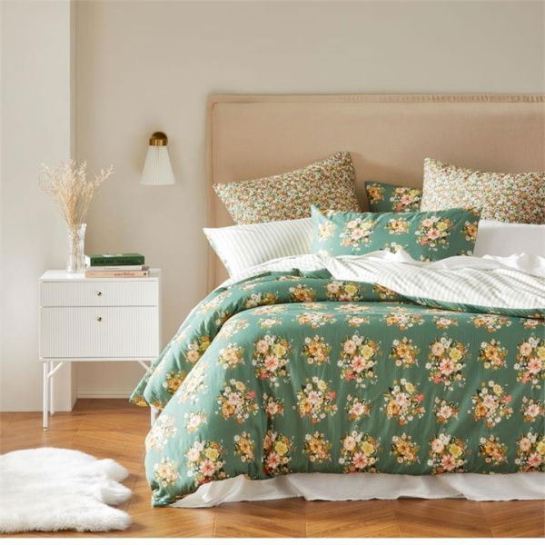 Adairs Green King Elsie Floral Pine Quilted Quilt Cover Separates