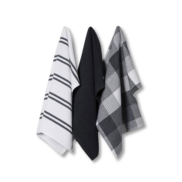 Adairs Black Essential Check Tea Towels Charcoal 3pk