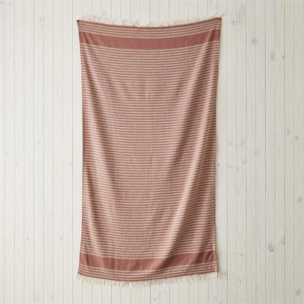 Adairs Red Beach Towel European Dusky Red & Natural Stripe Turkish Peshtemal