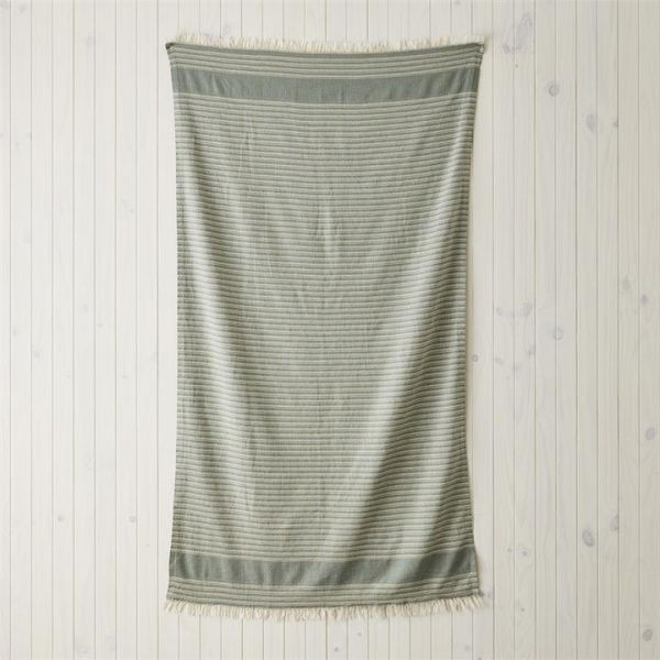 Adairs Green Beach Towel European Green & Natural Stripe Turkish Peshtemal Beach Towel