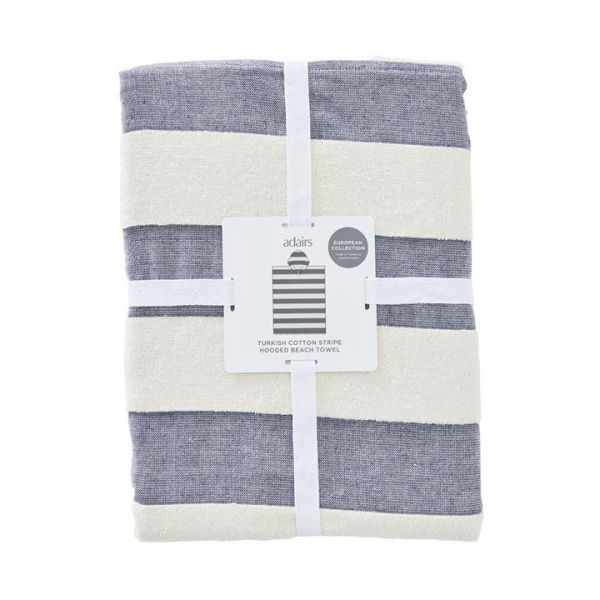 Adairs Blue Hooded Towel European Navy & Natural Stripe Turkish Cotton Hooded Beach Towel Blue