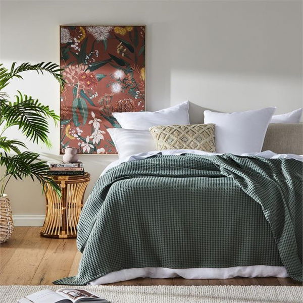 Adairs Green Queen/King EuropeanTurkish Cotton Large Fern Waffle Blanket