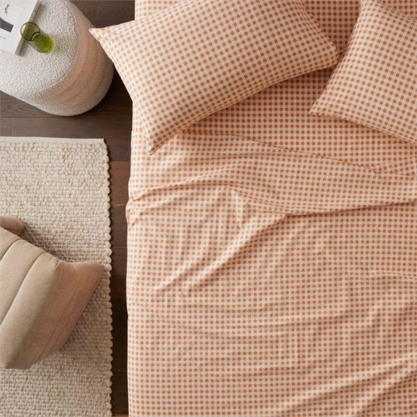 Adairs Flannelette Clay Gingham Printed Sheet Set - Brown (Brown King Extra Depth)