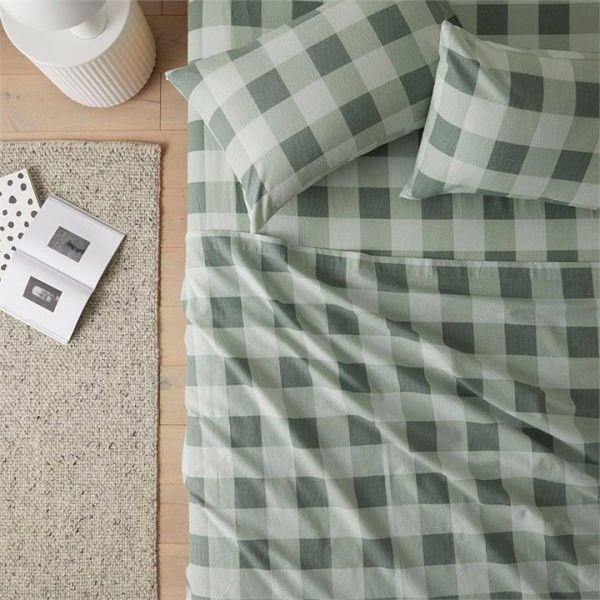 Adairs Flannelette Green Check Printed Sheet Set (Green Double)