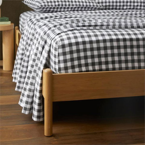 Adairs Flannelette Printed Charcoal Check Fitted Sheet - Black (Black King)