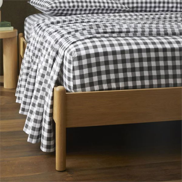 Adairs Flannelette Printed Charcoal Check Fitted Sheet - Black (Black Queen Extra Depth)