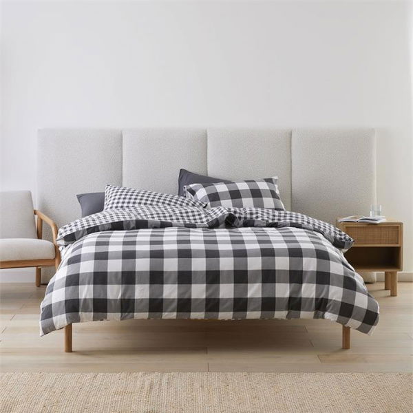 Adairs Flannelette Printed Charcoal Check Quilt Cover Set - Black (Black King)