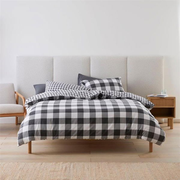 Adairs Flannelette Printed Charcoal Check Quilt Cover Set - Black (Black Queen)