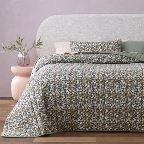 Adairs Flannelette Printed Libertine Floral Green Quilted Coverlet Separates (Green Queen/King)